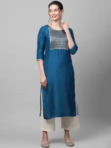 Indo Era Women Blue & Gold-Toned Ethnic Motifs Yoke Design Flared Sleeves Gotta Patti Kurta
