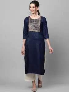 Indo Era Women Navy Blue & Gold-Toned Yoke Design Thread Work Kurta