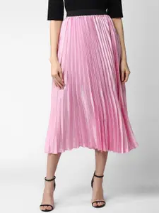 StyleStone Women Pink Solid Accordion Pleated Flared Midi Satin Skirt