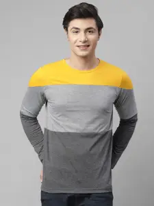 Rigo Men Mustard Yellow & Grey Colourblocked Pockets Slim Fit Outdoor T-shirt