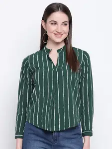Mayra Green Striped Mandarin Collar Regular Top