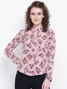 Mayra Pink Floral Printed Mandarin Collar Shirt Style Top