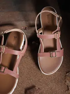 The Roadster Lifestyle Co Women Dusty Pink Solid Open Toe Flats with Buckle Detail