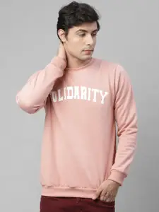 Rigo Men Coral Pink & White Typography Printed Fleece Sweatshirt