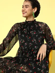 KASSUALLY Women Stylish Black Floral Smocking Dress