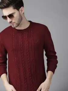 The Roadster Lifestyle Co Men Maroon Acrylic Cable Knit Cardigan