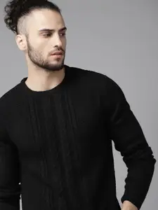 The Roadster Lifestyle Co Men Black Solid Cable Knit Pullover