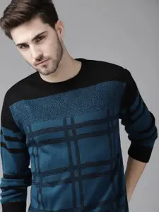 The Roadster Lifestyle Co Men Black & Teal Blue Jacquard Checked Pullover