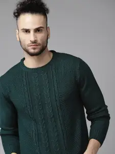 The Roadster Lifestyle Co Men Green Cable Knit Pullover