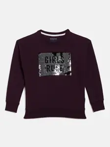 Crimsoune Club Girls Purple Typography Print Sequinned Sweatshirt