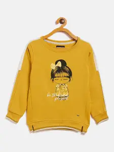 Crimsoune Club Girls Mustard Yellow Graphic Print Sweatshirt