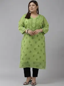 ADA Women Green Ethnic Motifs Embroidered Thread Work Floral Plus Size Kurta