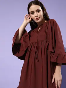 KASSUALLY Women Attractive Burgundy Solid Trapeze Dress