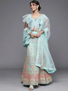 Chhabra 555 Turquoise Blue Embroidered Semi-Stitched Lehenga & Unstitched Blouse With Dupatta