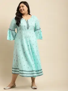 RANGMAYEE Plus Size Turquoise Blue & White Ethnic Motifs Ethnic Maxi Dress