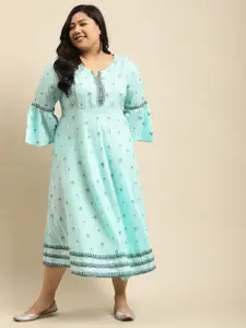 RANGMAYEE Turquoise Blue & White Floral Ethnic Maxi Dress