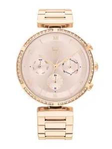Tommy Hilfiger Women Beige Embellished Dial & Gold Toned Stainless Steel Bracelet Style Straps Analogue Watch