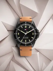 Tommy Hilfiger Men Black Dial & Brown Leather Straps Analogue Watch TH1791906