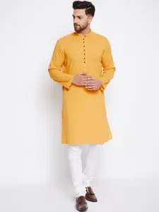 even Men Yellow Striped Thread Work Dobby Kurta