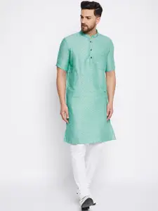 even Men Green Geometric Printed Dobby Kurta