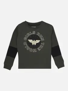 Kids Ville Girls Olive Green Wonder Woman Printed Sweatshirt