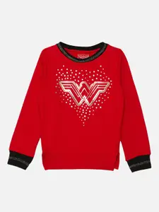 Kids Ville Girls Red & Silver-Toned Wonder Woman Printed Cotton Sweatshirt