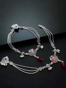 aadita Set Of 2 Oxidised Silver-Plated Blue Stone Studded Handcrafted Anklets