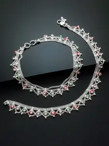 aadita Set of 2 Oxidised Silver-Plated Red & Green Stone-Studded Handcrafted Anklets