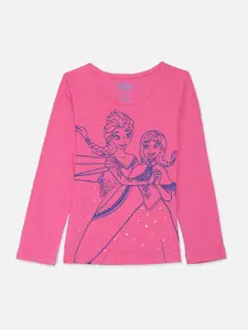 Kids Ville Girls Pink & Blue Frozen Printed Pure Cotton Embellished T-shirt