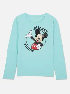 Kids Ville Girls Green & Black Mickey Mouse Printed Cotton T-shirt