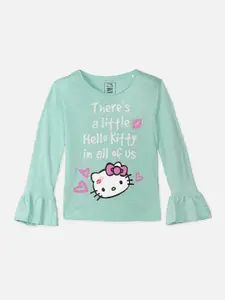 Kids Ville Girls Green Hello Kitty Printed Applique T-shirt