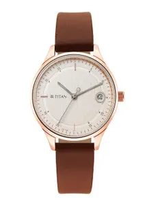 Titan Women White Brass Dial & Brown Leather Straps Analogue Watch 2649WL01