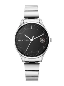 Titan Women Black Brass Printed Dial & Steel Toned Bracelet Style Straps Analogue Watch 2649SM01