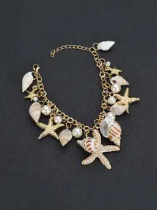 Yellow Chimes Yellow Chimes Women Gold-toned Sea Shell Starfish & Pearls Hanging Charm Bracelet