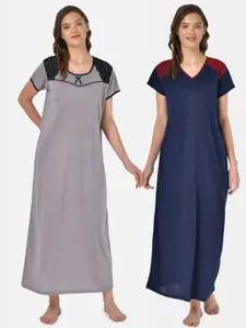 Klamotten Women Pack of 2 Navy Blue & Grey Solid Maxi Nightdress