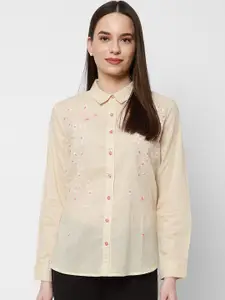 HOUSE OF KKARMA Women Cream-Coloured & Pink Floral Embroidered Opaque Casual Shirt