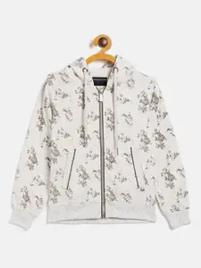 Crimsoune Club Girls Off-White Floral Print Hooded Sweatshirt
