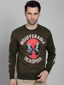 Free Authority Men Olive Green Deadpool Printed Cotton Sweatshirt