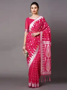 Mitera Pink & Silver-Toned Woven Design Silk Cotton Banarasi Saree