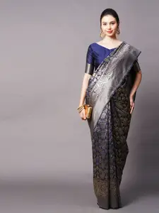 Mitera Navy Blue & Gold-Toned Silk Blend Ethnic Motifs Woven Designed Banarasi Saree