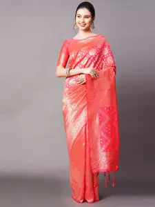 Mitera Peach-Coloured & Pink Floral Silk Blend Banarasi Saree