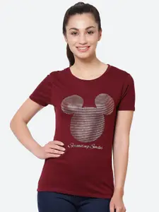 Free Authority Mickey & Friends Featured Women Maroon Printed T-shirt