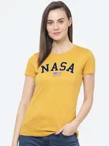 Free Authority Women Yellow NASA Printed Cotton T-shirt