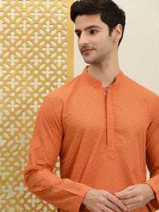 House of Pataudi Men Orange Jashn Chikankari Embroidered Kurta