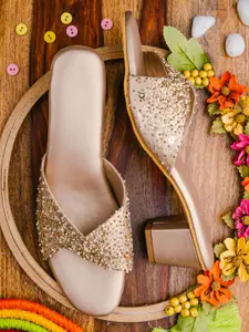 NR By Nidhi Rathi Gold-Toned Embellished Leather Ethnic Block Sandals