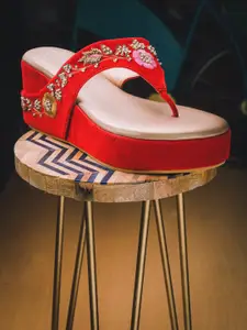 NR By Nidhi Rathi Women Red Velvet Ethnic Wedge Sandals