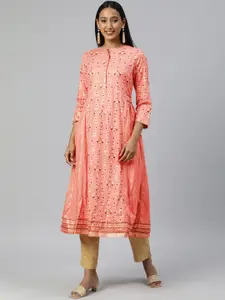 Global Desi Women Coral Floral Embroidered Thread Work A-Line Flared Kurta