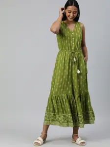 Global Desi Olive Green Ethnic Motifs Maxi Dress