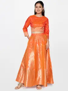Global Desi Orange Banarasi Embellished Block Print Ready to Wear Lehenga & Choli