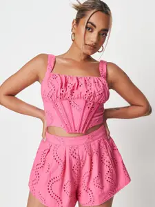 Missguided Women Pink Floral Schiffli Embroidered Regular Cotton Shorts